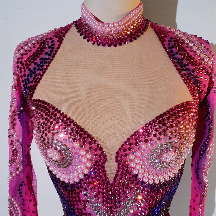 Luxury Pink Rhinestone long sleeve bodysuit Dancer Stage Wear Perform Show Girl Sheer Drag Queen Outfit Bar Nightclub