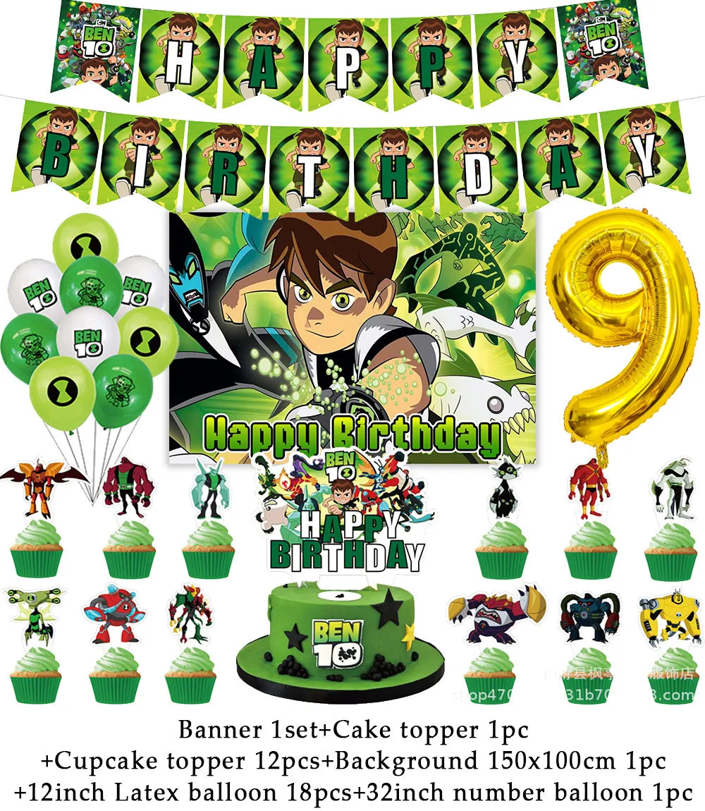 Cartoon Ben-10 Birthday Party Decoration Balloons Favor Set Banner Cake Toppers Baby Shower Boys Gift Party Supplies Photo Prop