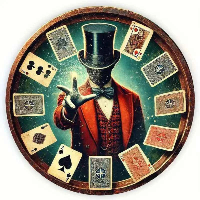 2D Flat, 1pc Vintage Magic Show Metal Wall Plaque - 7.8" Round Aluminum Art with Mysterious Wizard & Playing Cards Design, Durab