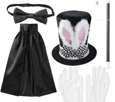 Halloween Little Magician Kids Black Single Cape White Short Gloves Magic Wand Black Bow Tie Velvet High Hat with Rabbit Ears
