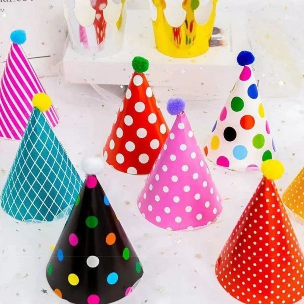 Polka Dot Birthday Party Hats with Pom Poms Paper Party Cone Hats Colorful DIY Handmade Baby Birthday Headband Boy Girl Gifts - Big Tim's Magic Emporium