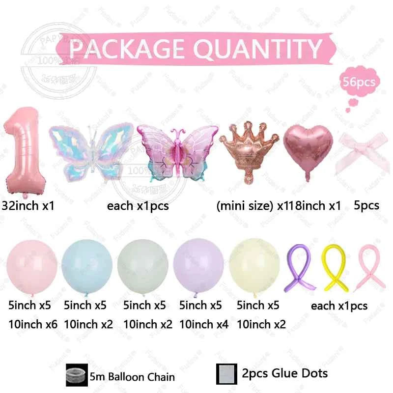 56pcs Colorful Butterfly Love Balloon Pink Number Birthday Balloon Set Festival Party Decoration Children's Baptismal Supplies
