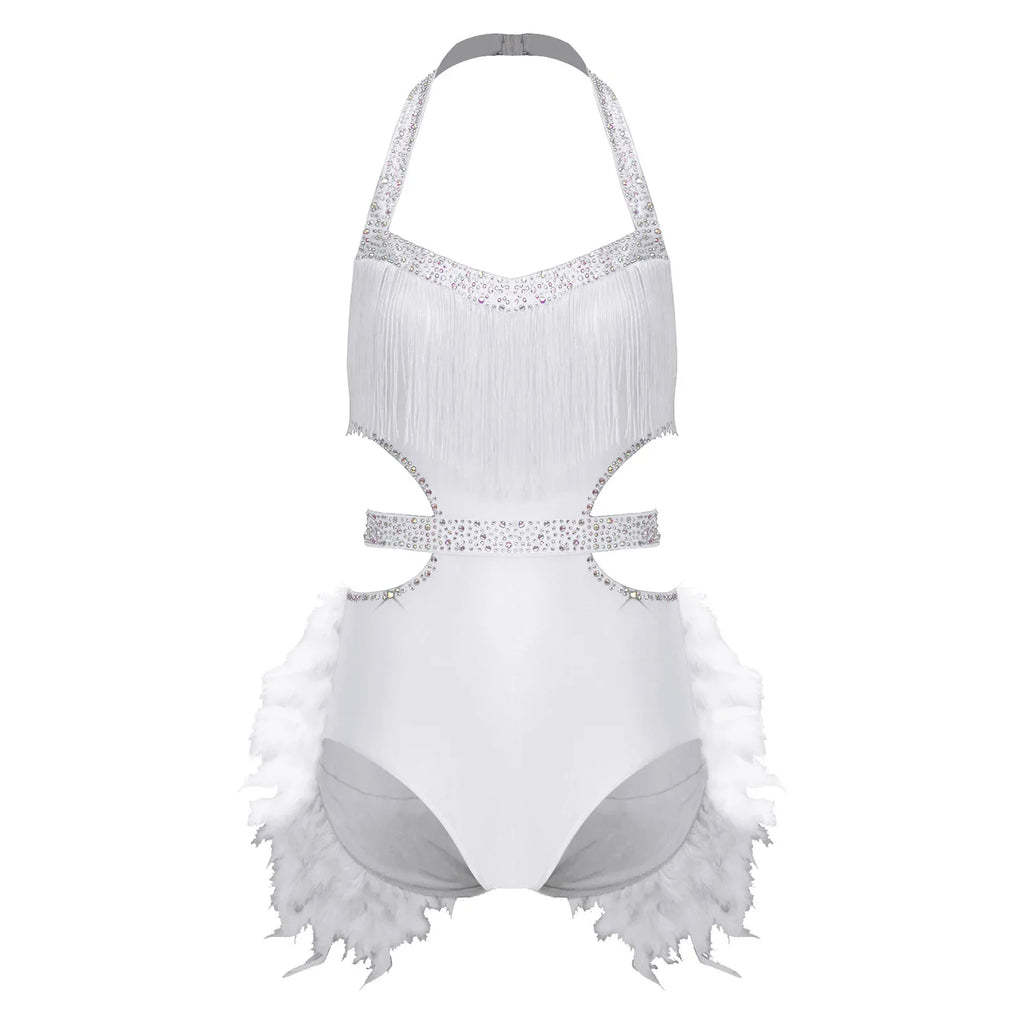 Glittery Rhinestone & Faux Feather Latin Dance Leotard Halter Bodysuit