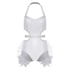 Glittery Rhinestone & Faux Feather Latin Dance Leotard Halter Bodysuit