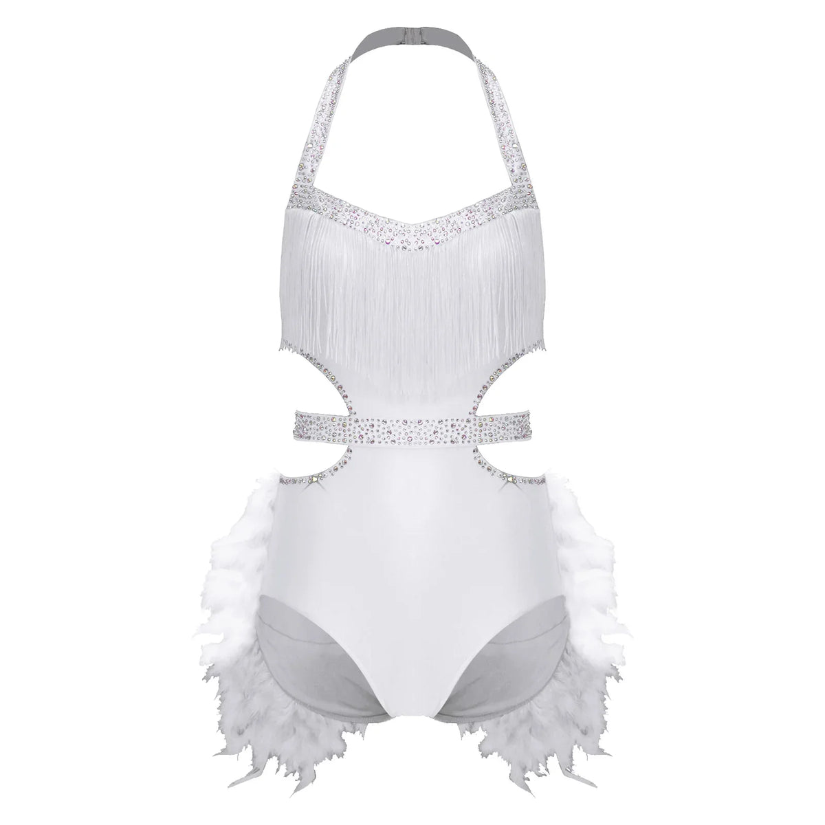 Glittery Rhinestone & Faux Feather Latin Dance Leotard Halter Bodysuit