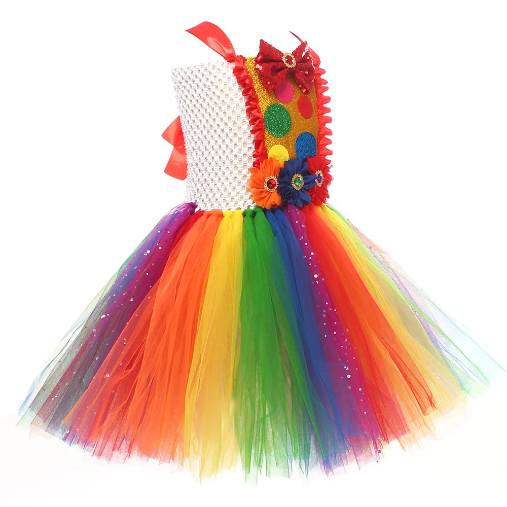 Clown Multicolored Circus Costume for Girls Funny Joker Halloween Tutu Dress Kids Fancy Birthday Party Pageant Carnival Clothes - Big Tim's Magic Emporium