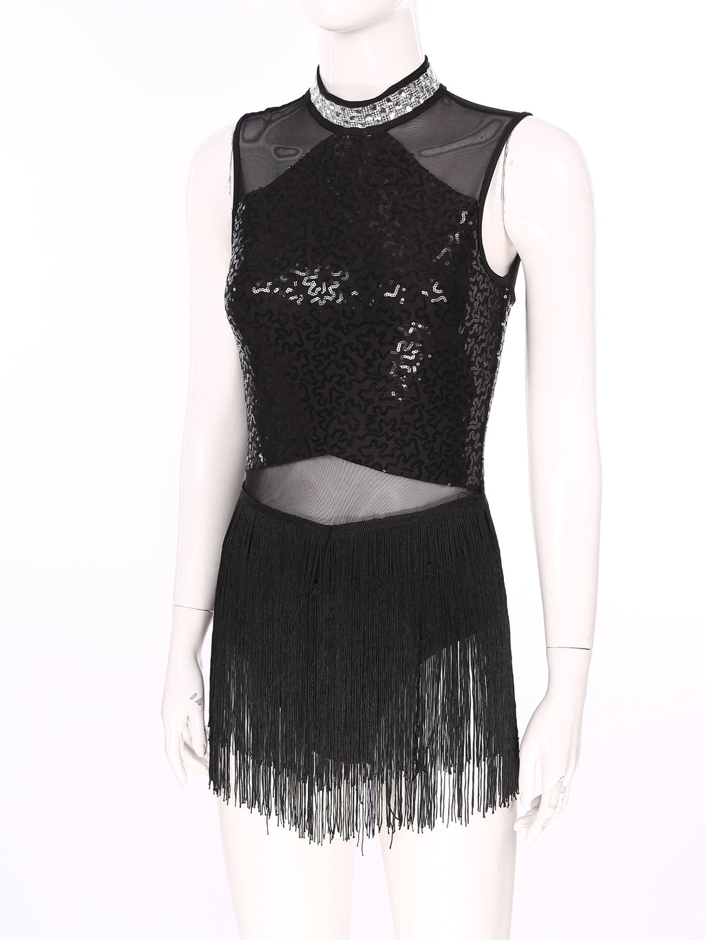 Women Sequins Diamond Latin Jazz Dance Costume Sleeveless Cutout Back Flowy Tassel Dress Leotard Tango Cha-Cha Samba Dancewear