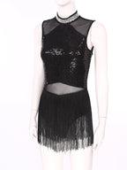 Women Sequins Diamond Latin Jazz Dance Costume Sleeveless Cutout Back Flowy Tassel Dress Leotard Tango Cha-Cha Samba Dancewear