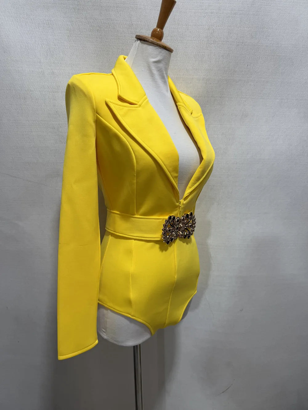 Women's Long Sleeve Blazer Bodysuit with Crystal Belt, V-Neck Zipper Stage & Concert Performance Costume