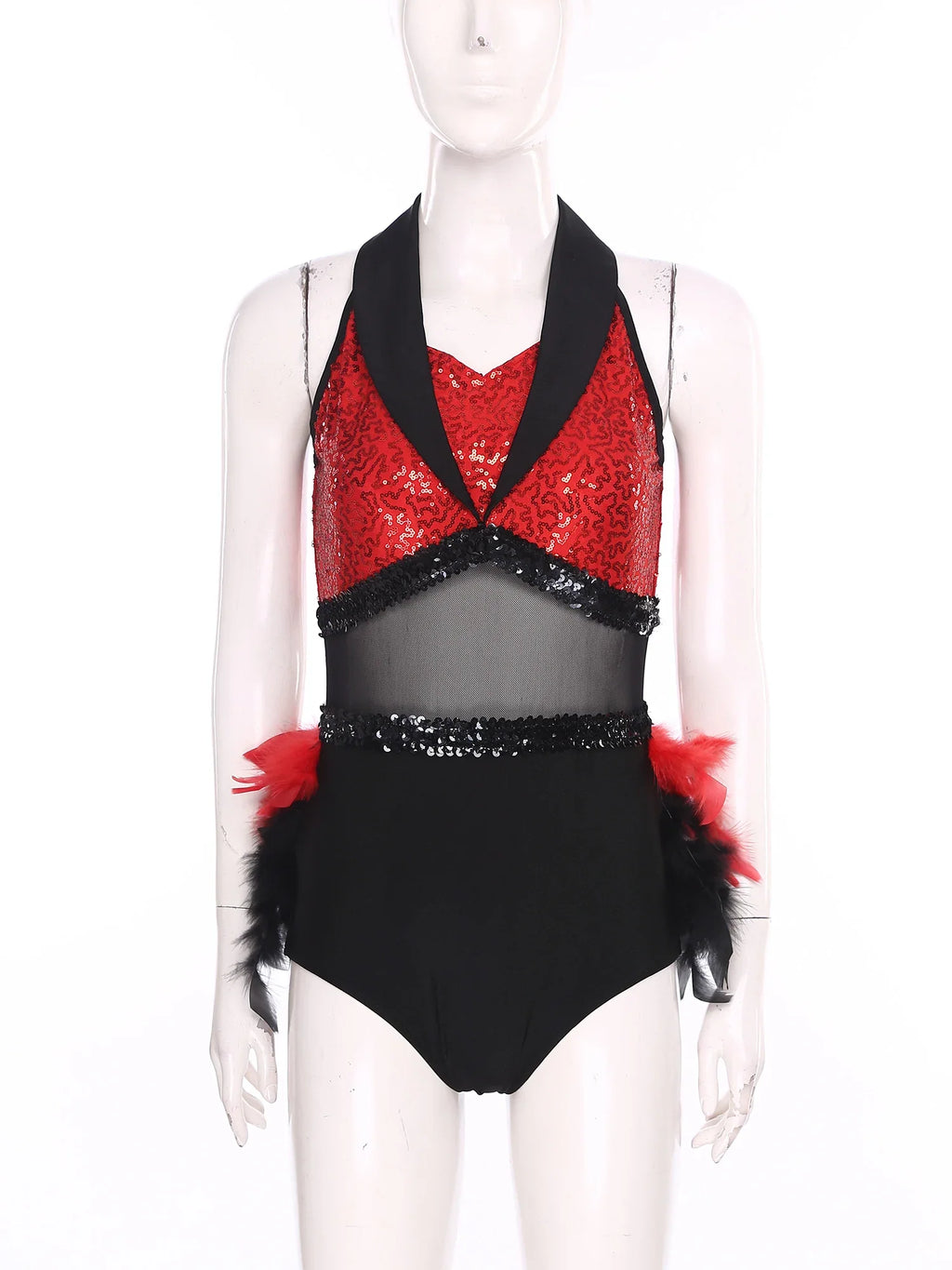 Women's Shiny Sequin Sheer Mesh Feather Latin Jazz Dance Bodysuit