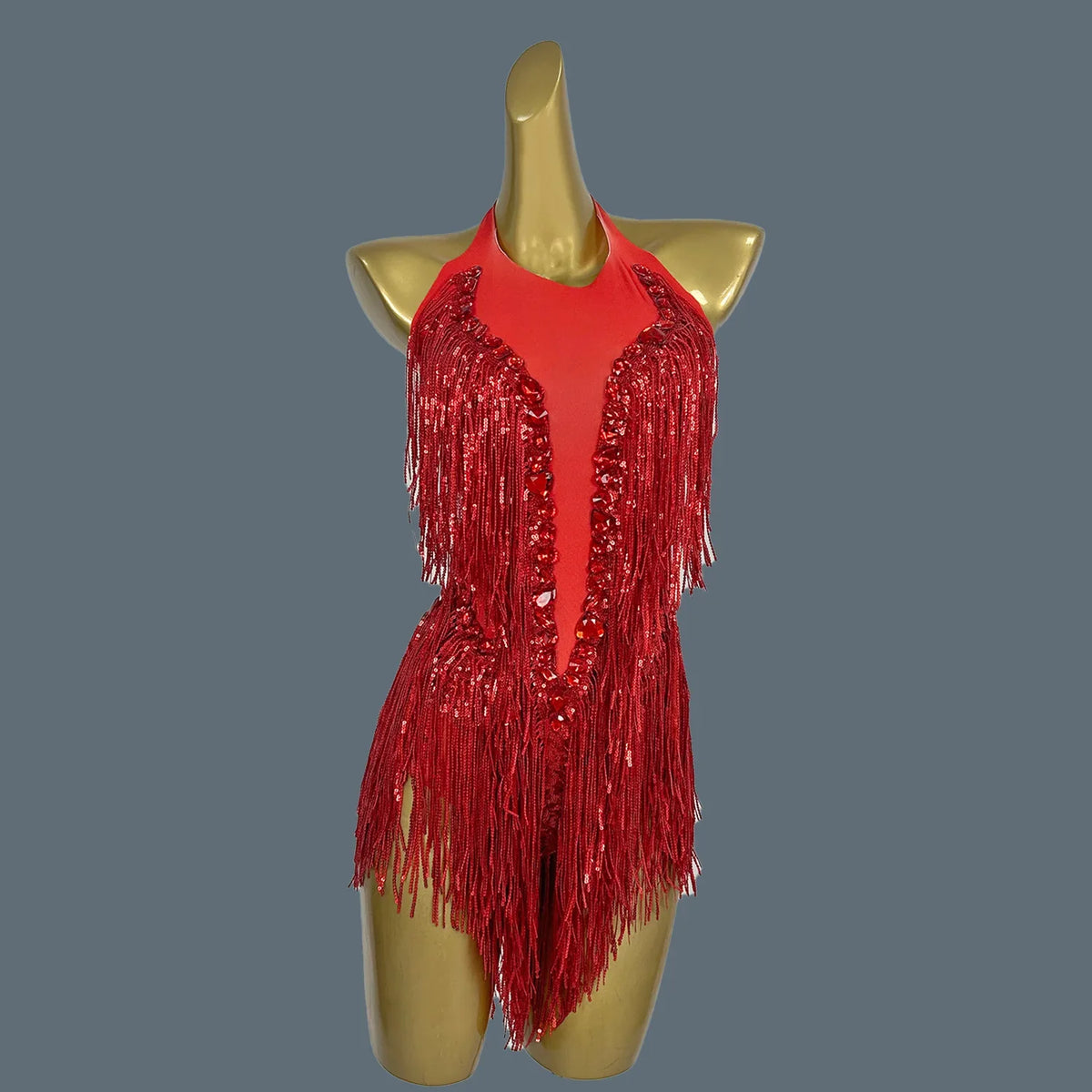 Crystal Sequin Tassel Bodysuit Dance Performance Stage Costume Leotard