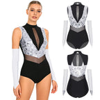 Sparkly Sequin Mock Neck Dance Leotard & Gloves Two-Piece Bodysuit Set