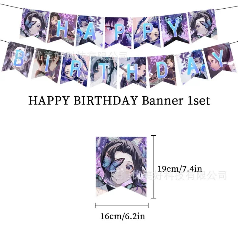 Demon Slayer Anime Kochou Shinobu Party Set Supplies Kimetsu No Yaiba Balloon Girl's Birthday Decoration Banner Cake Topper Gift