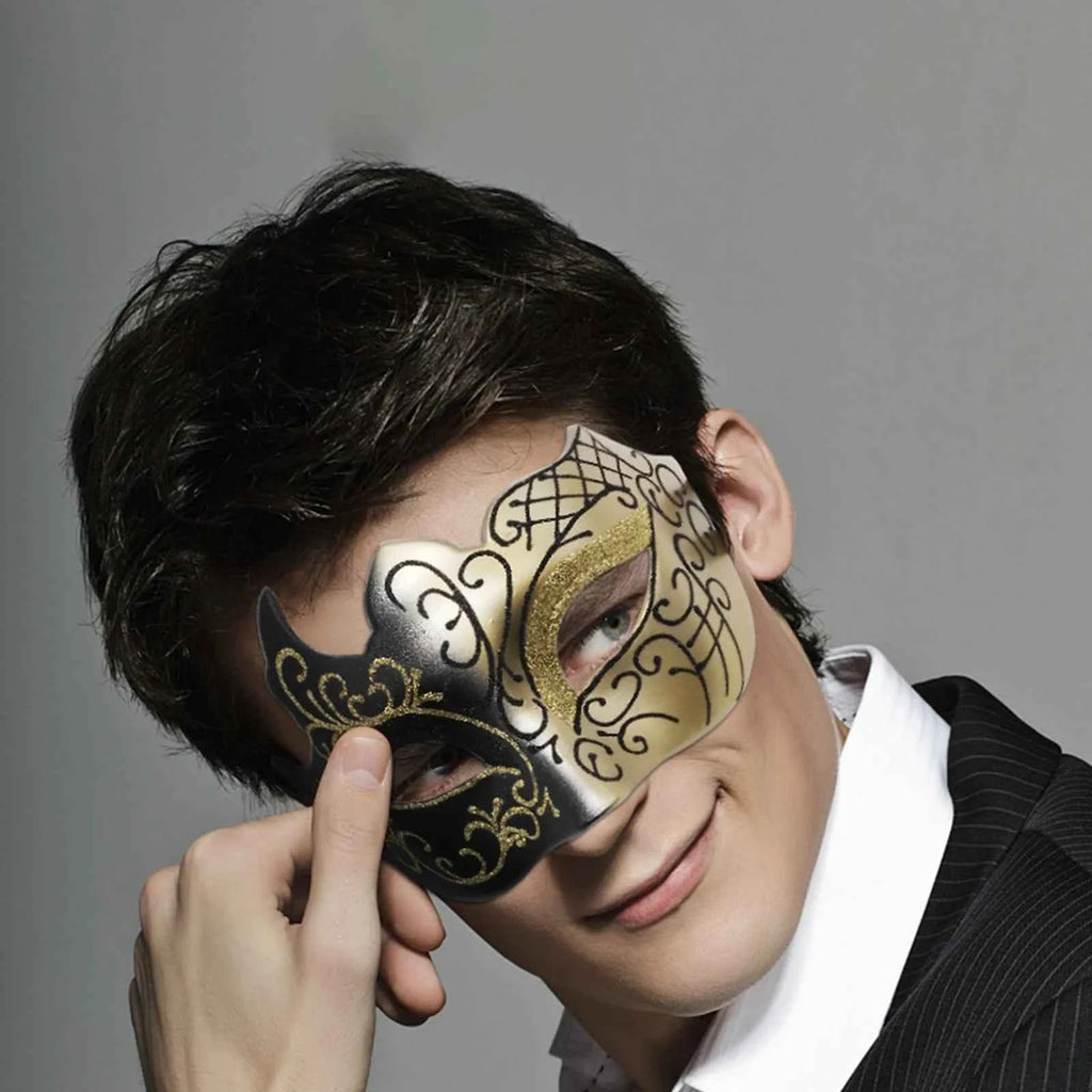Half-Face Painted Men's Mask Painted with Shiny Powder Venice Style for Halloween Costume Supplies