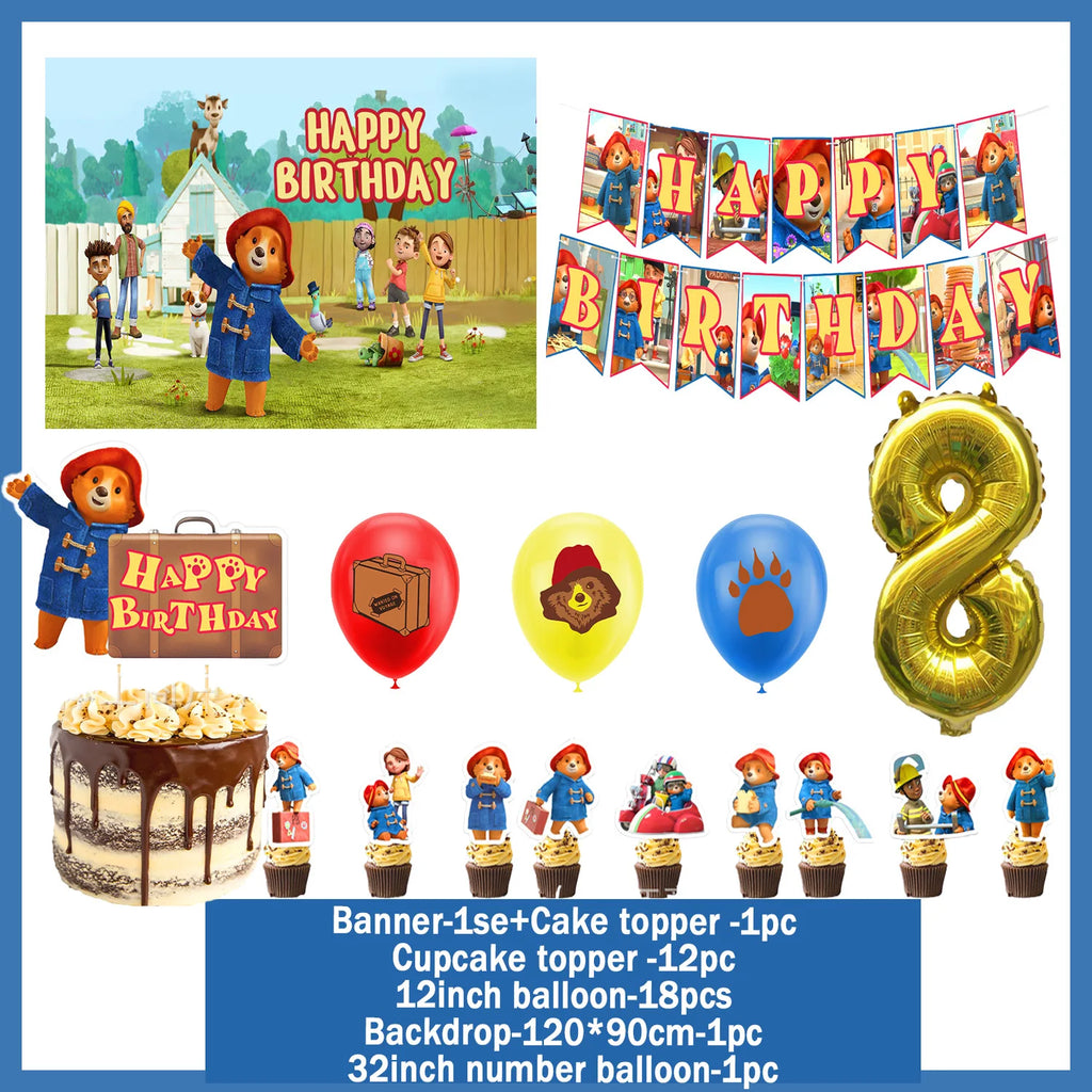 Cartoon&Paddingtons Party Supplies Happy Birthday Banner Bears Balloons Cupcake Toppers Backdrop Kids Birthday Baby Shower Gift