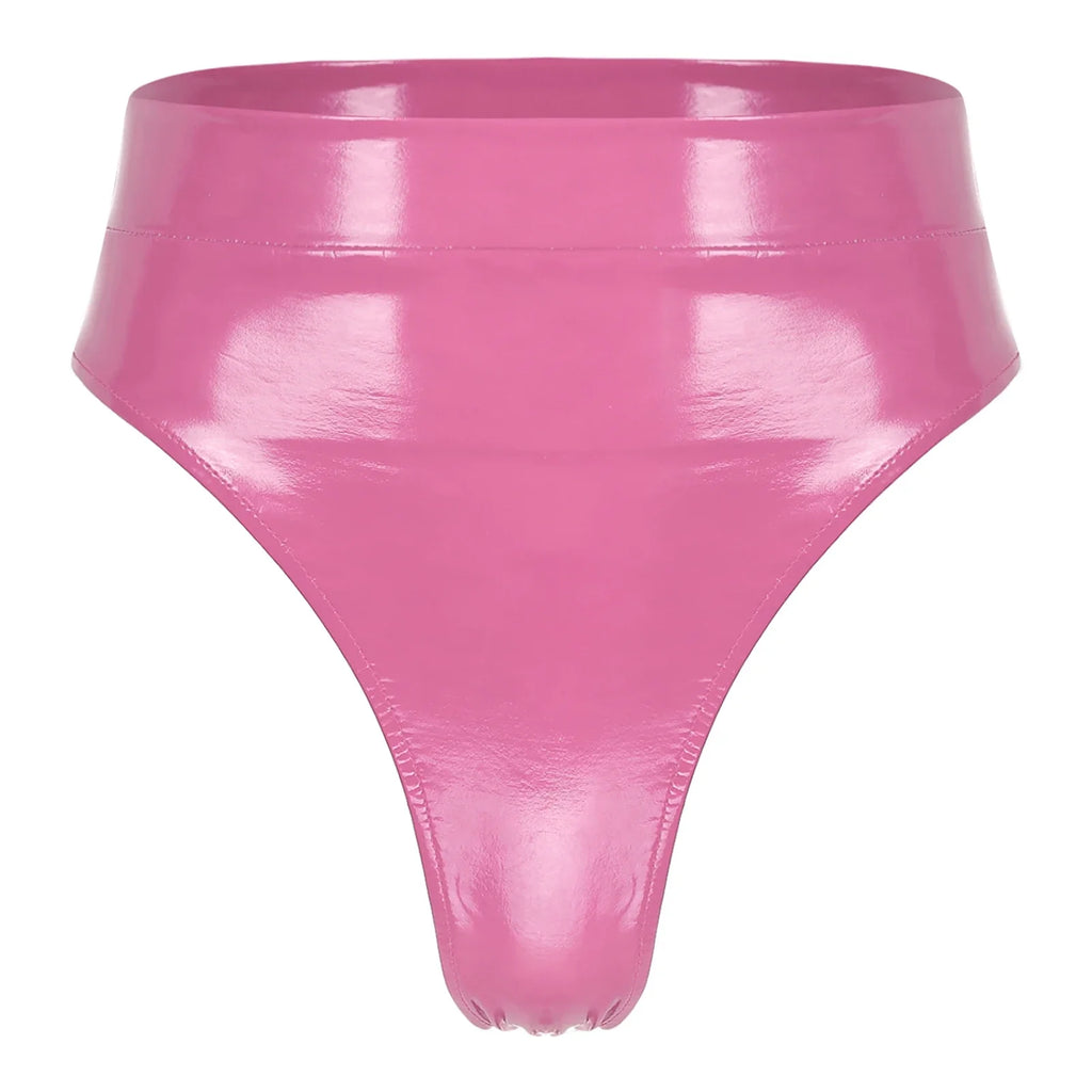 High-Waist Patent Leather Wet-Look Briefs with Adjustable Back Buckle Belt