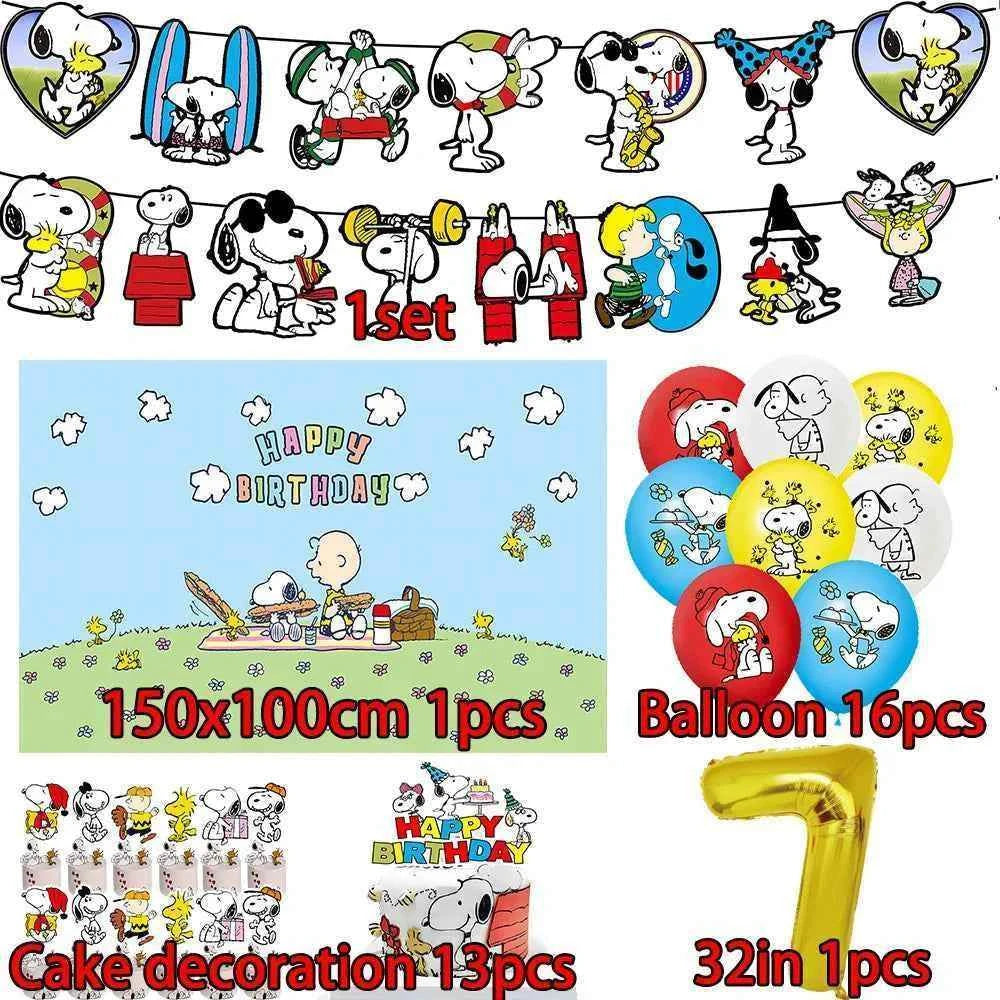 Cartoon Snoopys Birthday Decoration Set Banners Cake Toppers Balloons Backdrops Kids Birthday Gifts Baby Shower Party Supplies
