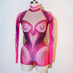 Luxury Pink Rhinestone long sleeve bodysuit Dancer Stage Wear Perform Show Girl Sheer Drag Queen Outfit Bar Nightclub