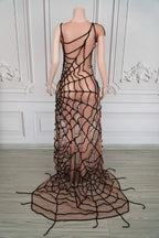 Dramatic Spider Web Crystal Mesh Floor-Length Sheath Dress Stage Costume