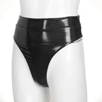 High-Waist Patent Leather Wet-Look Briefs with Adjustable Back Buckle Belt