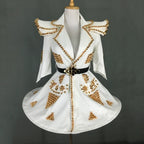 White Faux Leather Studded Stage Dress & Fluffy Skirt Pop Singer Costume Set