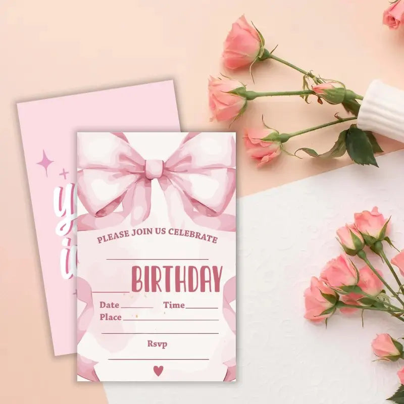 20pcs, Cute cartoon bow birthday invitation card, 20 girl themed birthday invitation cards