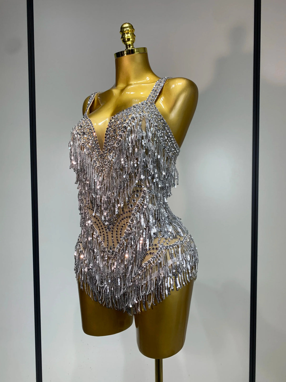 Sparkly Rhinestone Tassel Backless Mesh Bodysuit Luxury Stage Performance Costume
