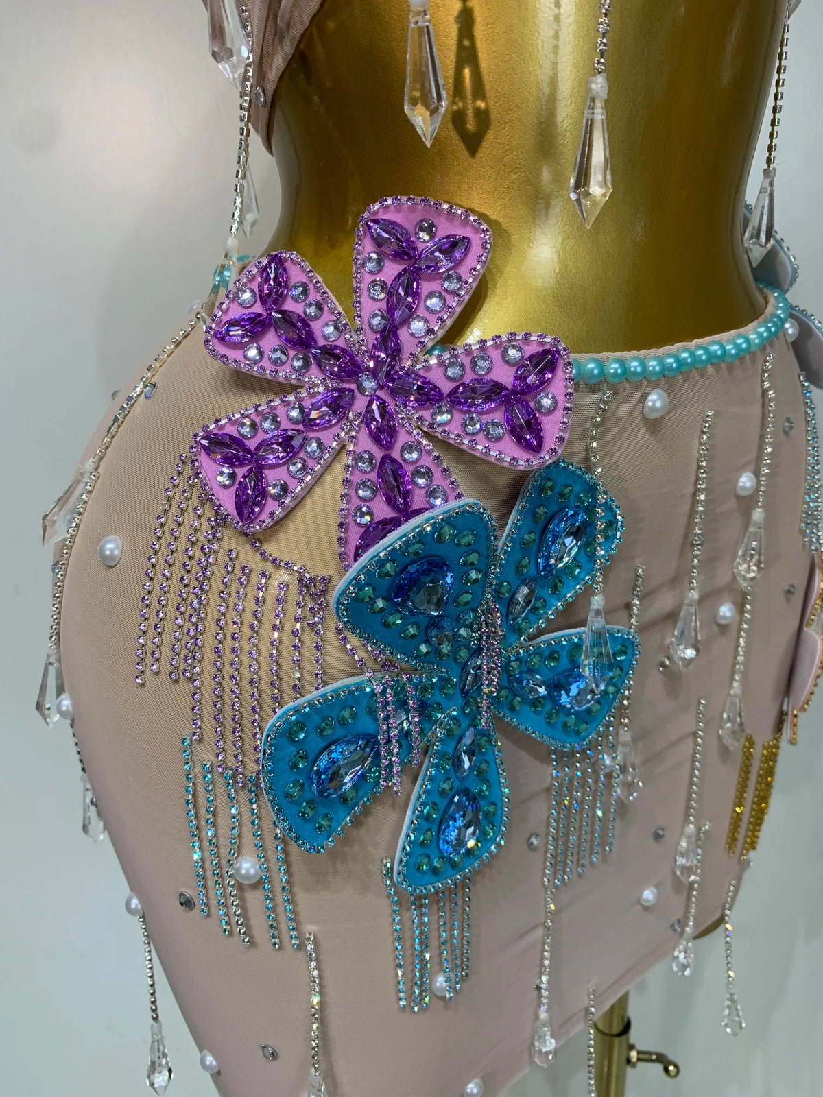 Colorful Rhinestone Pearl Sheer Dress & Two-Piece Mini Skirt Set Celebration Outfit