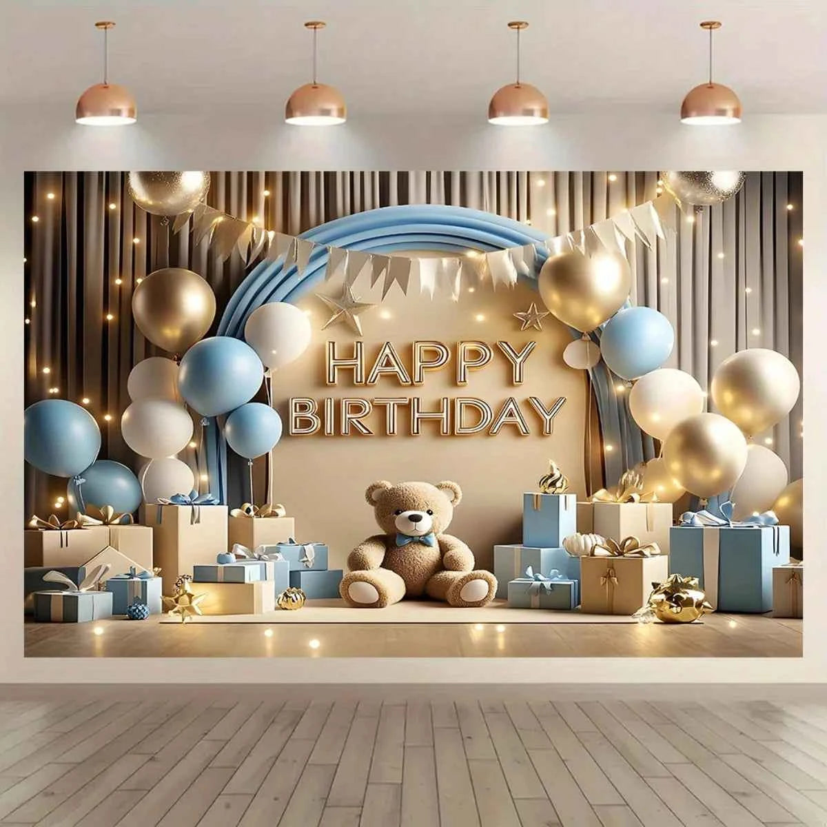 1 "Happy Birthday" background banner - a vibrant party decoration featuring balloons, gift boxes and teddy bear designs
