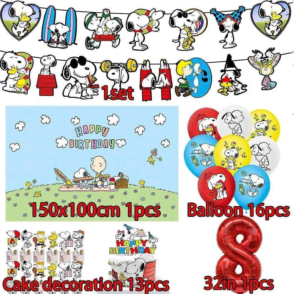 Cartoon Snoopys Birthday Decoration Set Banners Cake Toppers Balloons Backdrops Kids Birthday Gifts Baby Shower Party Supplies