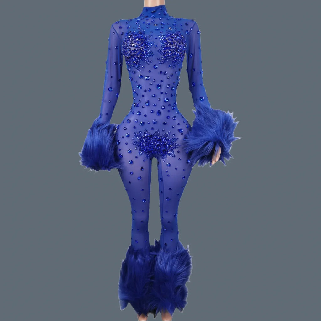 Sparkly Rhinestone & Feather Cuffed Jumpsuit Stage Performance Catsuit Costume