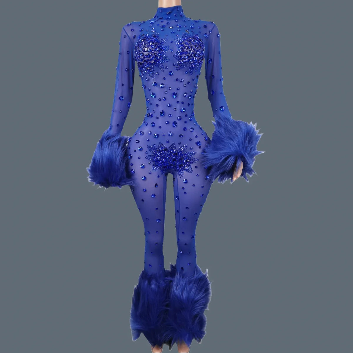 Sparkly Rhinestone & Feather Cuffed Jumpsuit Stage Performance Catsuit Costume