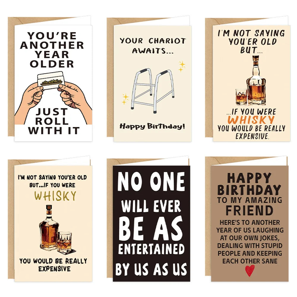 12pcs Happy Birthday Gift Cards Invitations Funny Text Greeting Congratulation Card Kids Adults Birthday Party Supplies Decor