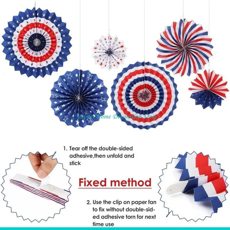 H7BF American Independence Day Paper Fan 6pcs/set Party String Flags for Banner Decor for 4 of July Memorial Day Wall