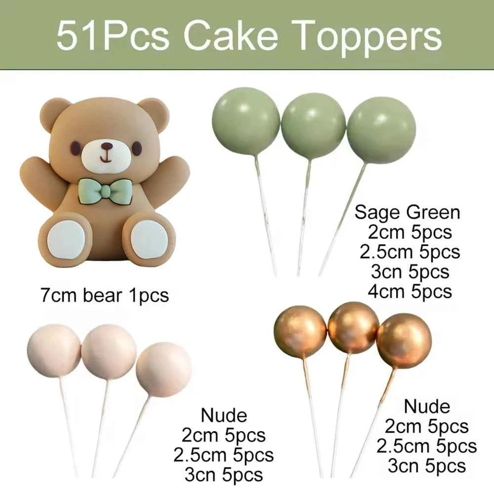 51Pcs Bear Cake Toppers Gold Green Cake Topper Balls for Happy Birthday  Decoration Baby Shower Baptism Birthday Party supplies