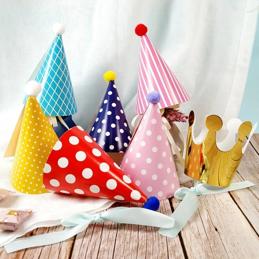 Polka Dot Birthday Party Hats with Pom Poms Paper Party Cone Hats Colorful DIY Handmade Baby Birthday Headband Boy Girl Gifts - Big Tim's Magic Emporium