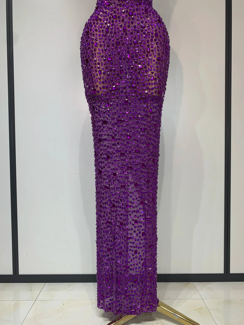 Sparkly Rhinestone Sleeveless Maxi Long Dress See-Through Sheer Mesh Stage Outfit