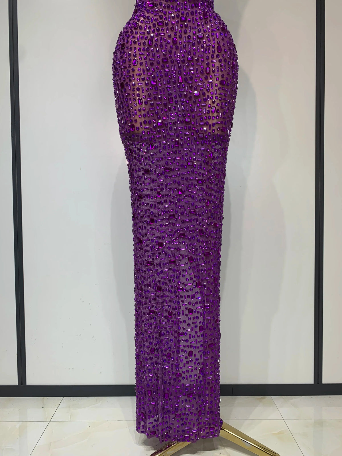 Sparkly Rhinestone Sleeveless Maxi Long Dress See-Through Sheer Mesh Stage Outfit
