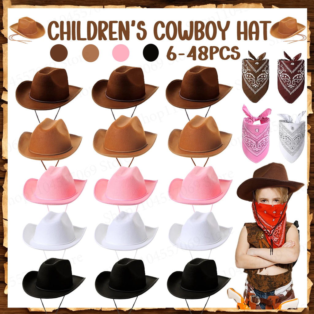 6-48Set Kids Western Cowboy Hats with Bandanas Cowboy Party Hats for Birthday Party Cosplay Costume Party Western Party Favors - Big Tim's Magic Emporium
