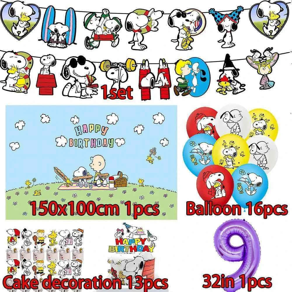 Cartoon Snoopys Birthday Decoration Set Banners Cake Toppers Balloons Backdrops Kids Birthday Gifts Baby Shower Party Supplies
