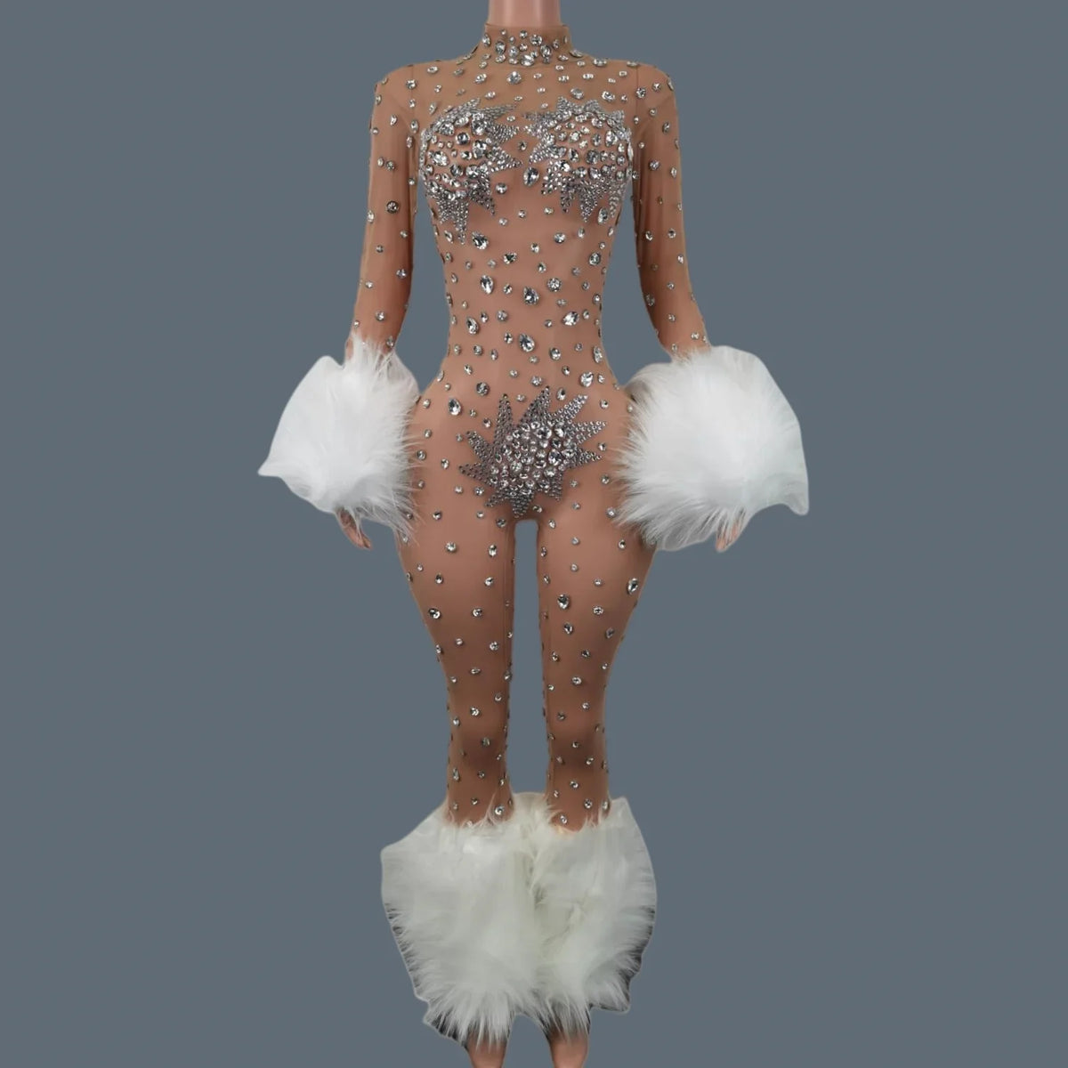 Sparkly Rhinestone & Feather Cuffed Jumpsuit Stage Performance Catsuit Costume