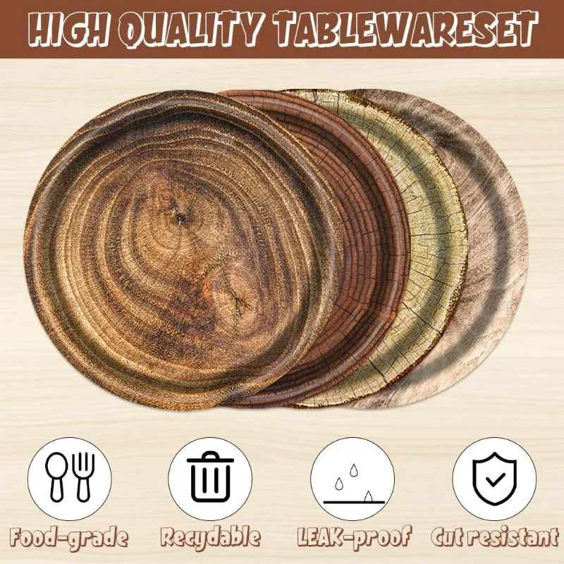 20Pcs Disposable Party Plates, Retro Wood Grain Design, 7 & 9 Inch Paper Plates for Birthday, Holiday, Picnic, Home Use - Big Tim's Magic Emporium