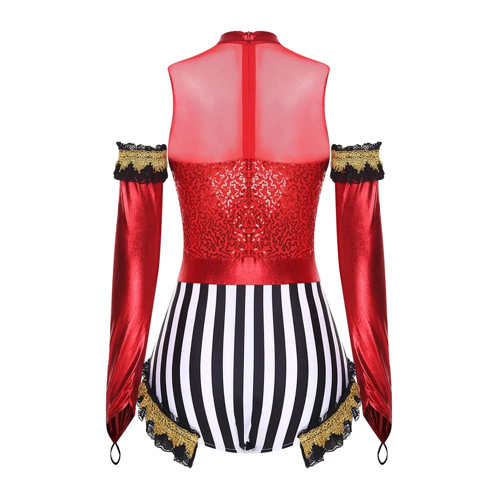 Circus Ringmaster Sequin Striped Bodysuit & Metallic Gloves 2-Piece Stage Costume Set
