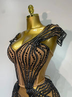 Sparkly Rhinestone Mesh Strapless Mini Dress Evening Stage Performance Outfit
