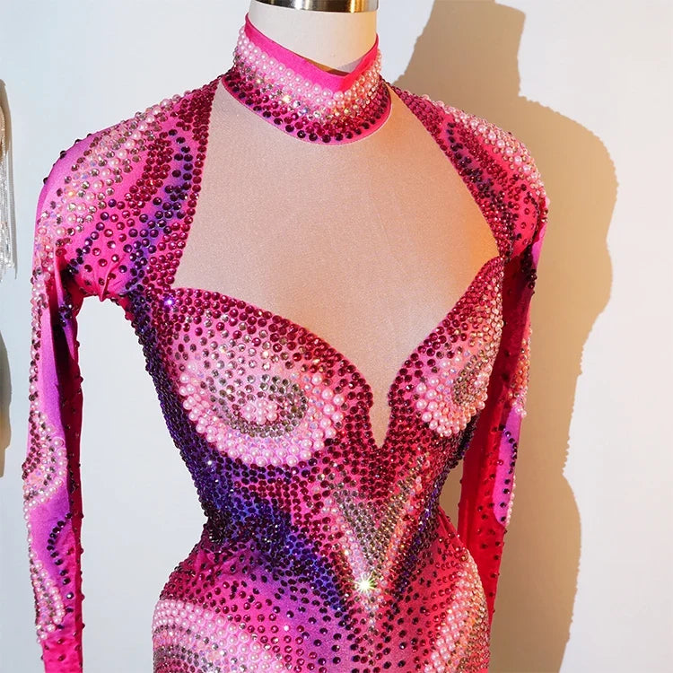 Luxury Pink Rhinestone long sleeve bodysuit Dancer Stage Wear Perform Show Girl Sheer Drag Queen Outfit Bar Nightclub