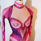 Luxury Pink Rhinestone long sleeve bodysuit Dancer Stage Wear Perform Show Girl Sheer Drag Queen Outfit Bar Nightclub