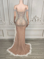 Beige Rhinestone Crystal Floor-Length Illusion Gown & Gloves Stage Costume Set