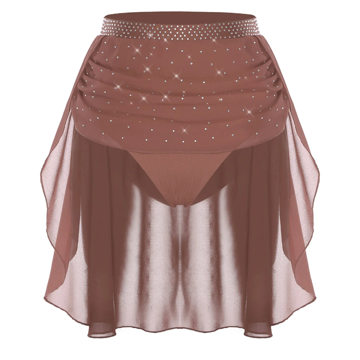 Womens Modern Lyrical Dance Skirt Performance Costume Sparkly Rhinestone Irregular Chiffon Hem Built-in Briefs Skirt Dancewear