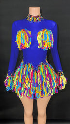 Rainbow Crystal Rhinestone Bodysuit Cascading Fringe Tassel Long-Sleeve Stage Costume