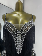 Women Black Bright Rhinestones Tassel Stretchy Mesh Thigh High Leotard Pole Dance Costumes Evening Party Club DJ Gogo Dress